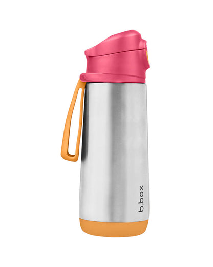 b.box Insulated Sport Spout Drink Bottle-Strawberry Shake Pink Orange-Stainless Steel-With Easy Push Button-500 ml