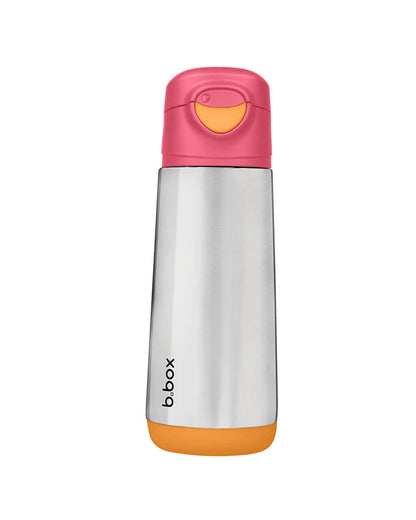 b.box Insulated Sport Spout Drink Bottle-Strawberry Shake Pink Orange-Stainless Steel-With Easy Push Button-500 ml