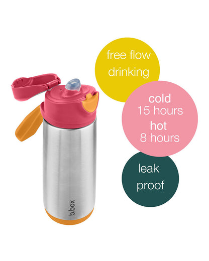 b.box Insulated Sport Spout Drink Bottle-Strawberry Shake Pink Orange-Stainless Steel-With Easy Push Button-500 ml