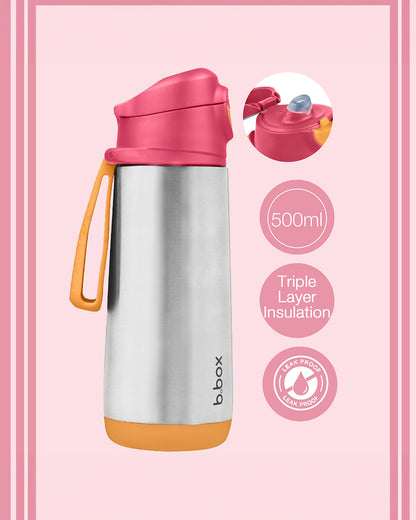 b.box Insulated Sport Spout Drink Bottle-Strawberry Shake Pink Orange-Stainless Steel-With Easy Push Button-500 ml