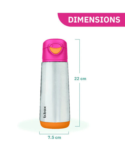 b.box Insulated Sport Spout Drink Bottle-Strawberry Shake Pink Orange-Stainless Steel-With Easy Push Button-500 ml