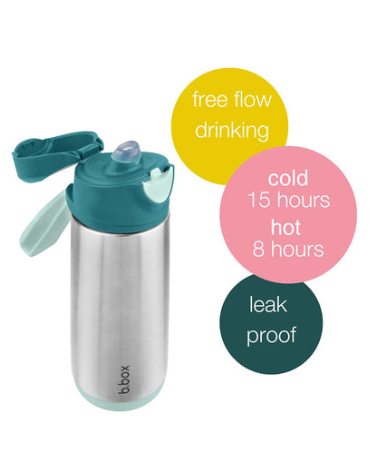 b.box Insulated Sport Spout Drink Bottle-Emerald Forest Green-Stainless Steel-With Easy Push Button-500 ml