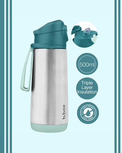 b.box Insulated Sport Spout Drink Bottle-Emerald Forest Green-Stainless Steel-With Easy Push Button-500 ml