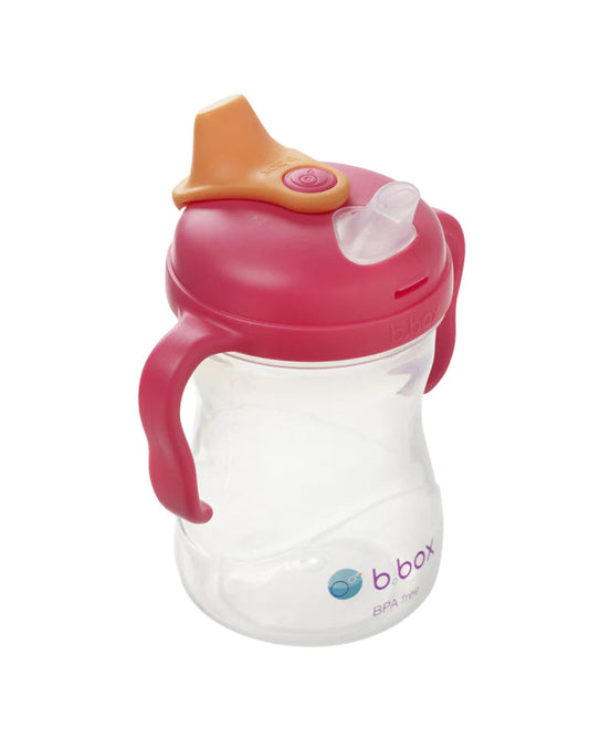 b.box Soft Spout Cup-Raspberry Pink Orange-With Angled Spout for Easy Drinking & Easy Grip Handles-240 ml