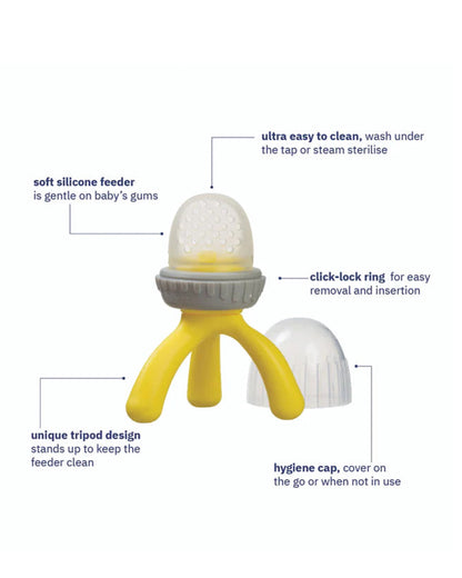 b.box Silicone Fresh Food Feeder-Lemon Sherbet Yellow Grey-With Unique Tripod Design & Click Lock Ring-For Infants