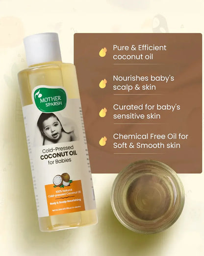 Mother Sparsh Cold Pressed Coconut Baby Massage Oil (200 ml), Natural Mosquito Repellent Spray & Nourishing Baby Hair Oil (100ml)