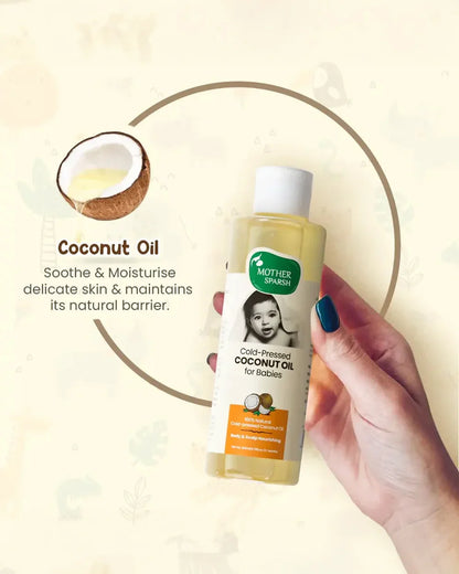 Mother Sparsh Cold Pressed Coconut Baby Massage Oil (200 ml), Natural Mosquito Repellent Spray & Nourishing Baby Hair Oil (100ml)