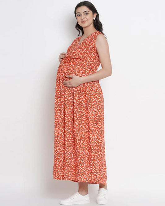 Mine4Nine Orange Maternity Nursing Dress-Floral Print-Rayon-V Neck-Bump Friendly