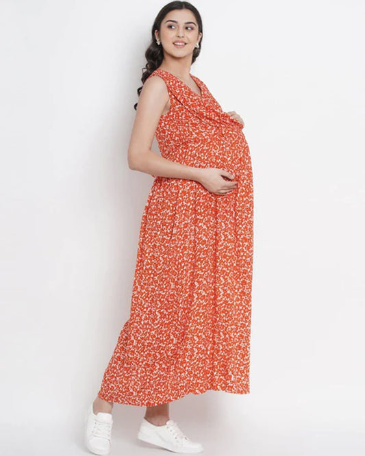 Mine4Nine Orange Maternity Nursing Dress-Floral Print-Rayon-V Neck-Bump Friendly