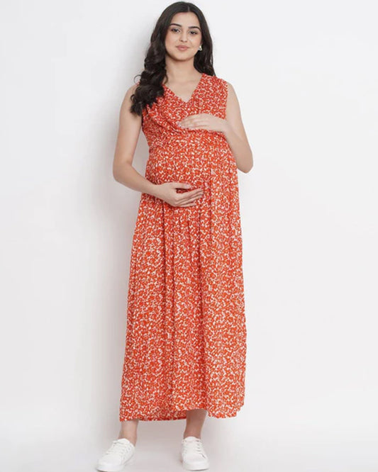 Mine4Nine Orange Maternity Nursing Dress-Floral Print-Rayon-V Neck-Bump Friendly