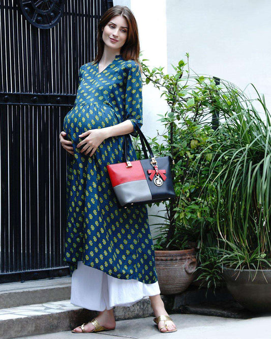 Mine4Nine Green Maternity Nursing Kurta-Floral Print-Rayon-V Neck-Bump Friendly