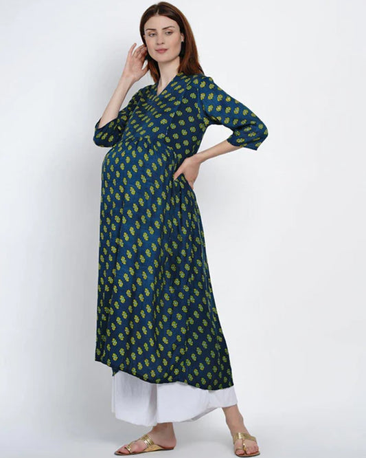 Mine4Nine Green Maternity Nursing Kurta-Floral Print-Rayon-V Neck-Bump Friendly