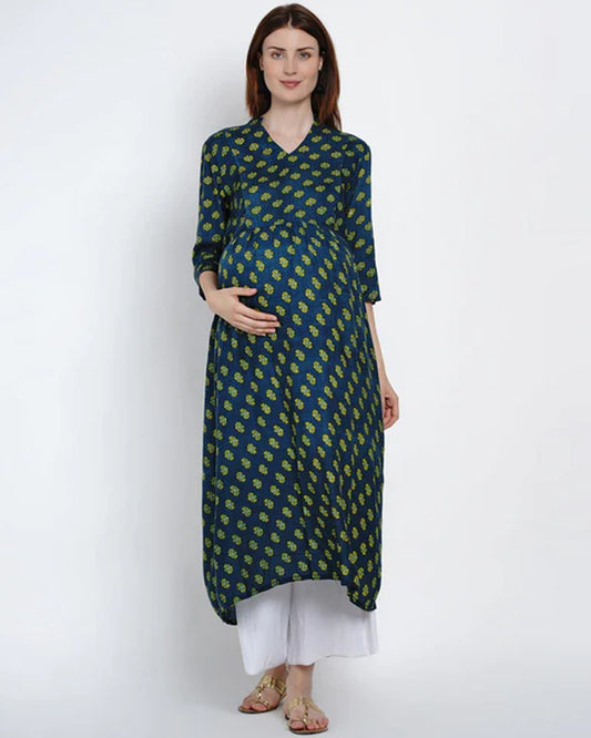 Mine4Nine Green Maternity Nursing Kurta-Floral Print-Rayon-V Neck-Bump Friendly