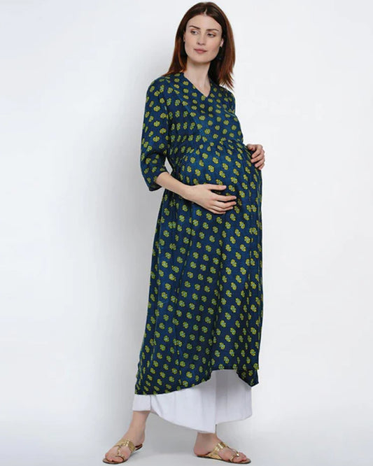 Mine4Nine Green Maternity Nursing Kurta-Floral Print-Rayon-V Neck-Bump Friendly