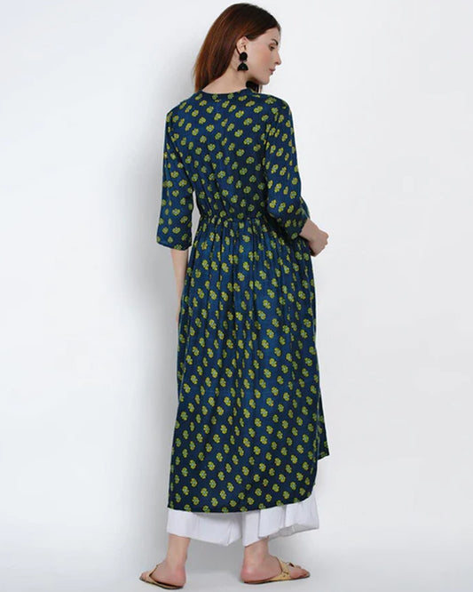 Mine4Nine Green Maternity Nursing Kurta-Floral Print-Rayon-V Neck-Bump Friendly