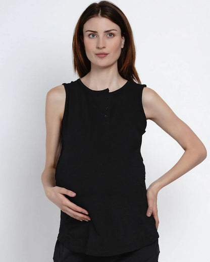 Mine4Nine Black Maternity Nursing T-shirt-Solid Color-Cotton-Round Neck-Sleeveless-Bump Friendly