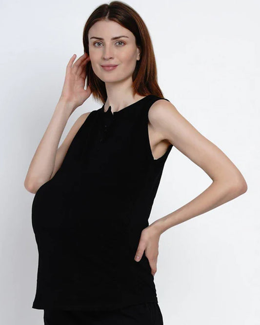 Mine4Nine Black Maternity Nursing T-shirt-Solid Color-Cotton-Round Neck-Sleeveless-Bump Friendly