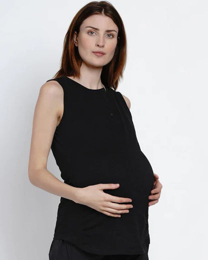 Mine4Nine Black Maternity Nursing T-shirt-Solid Color-Cotton-Round Neck-Sleeveless-Bump Friendly