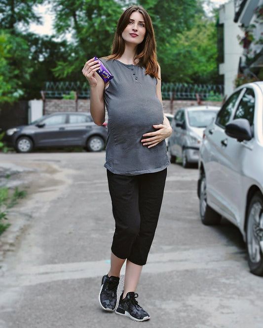 Mine4Nine Grey Maternity Nursing T-shirt-Solid Color-Cotton-Round Neck-Sleeveless-Bump Friendly