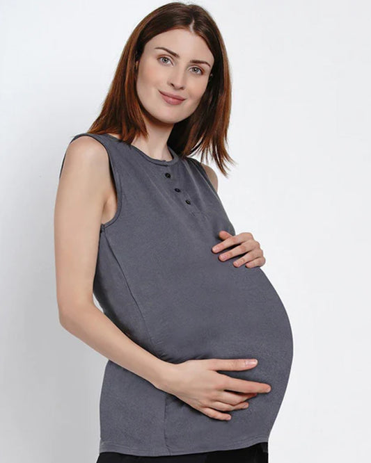 Mine4Nine Grey Maternity Nursing T-shirt-Solid Color-Cotton-Round Neck-Sleeveless-Bump Friendly