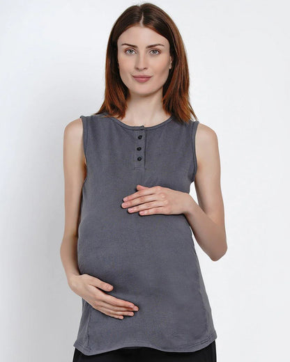 Mine4Nine Grey Maternity Nursing T-shirt-Solid Color-Cotton-Round Neck-Sleeveless-Bump Friendly