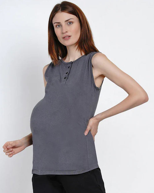 Mine4Nine Grey Maternity Nursing T-shirt-Solid Color-Cotton-Round Neck-Sleeveless-Bump Friendly