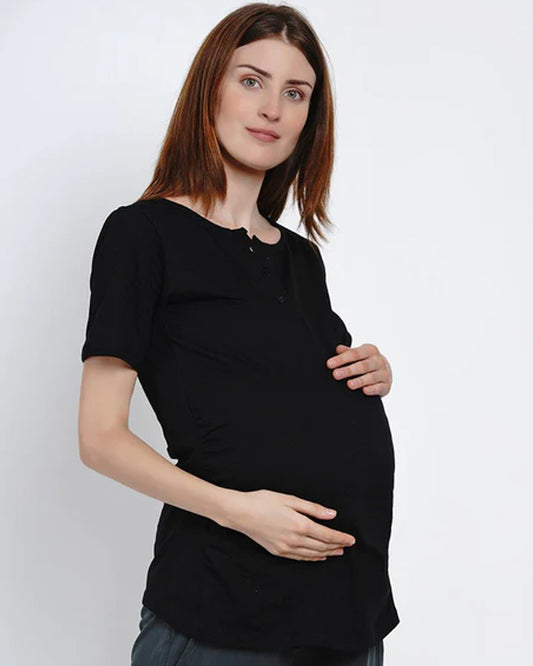 Mine4Nine Black Maternity Nursing T-shirt-Solid Color-Cotton-Round Neck-Half Sleeves-Bump Friendly