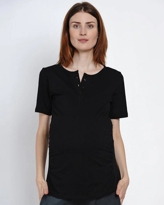 Mine4Nine Black Maternity Nursing T-shirt-Solid Color-Cotton-Round Neck-Half Sleeves-Bump Friendly