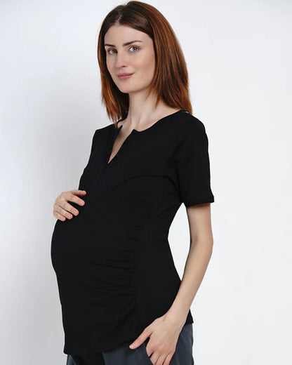 Mine4Nine Black Maternity Nursing T-shirt-Solid Color-Cotton-Round Neck-Half Sleeves-Bump Friendly