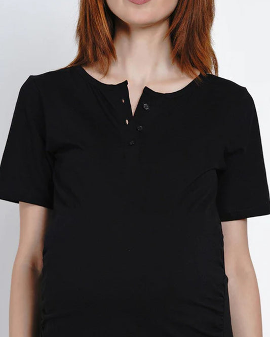 Mine4Nine Black Maternity Nursing T-shirt-Solid Color-Cotton-Round Neck-Half Sleeves-Bump Friendly