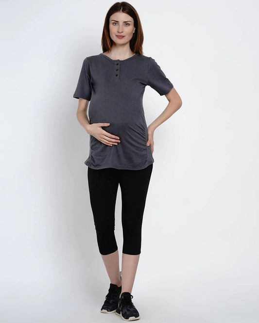 Mine4Nine Grey Maternity Nursing T-shirt-Solid Color-Cotton-Round Neck-Half Sleeves-Bump Friendly