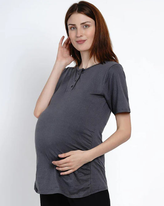 Mine4Nine Grey Maternity Nursing T-shirt-Solid Color-Cotton-Round Neck-Half Sleeves-Bump Friendly