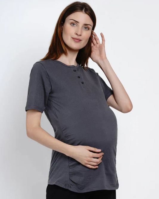 Mine4Nine Grey Maternity Nursing T-shirt-Solid Color-Cotton-Round Neck-Half Sleeves-Bump Friendly