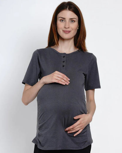 Mine4Nine Grey Maternity Nursing T-shirt-Solid Color-Cotton-Round Neck-Half Sleeves-Bump Friendly