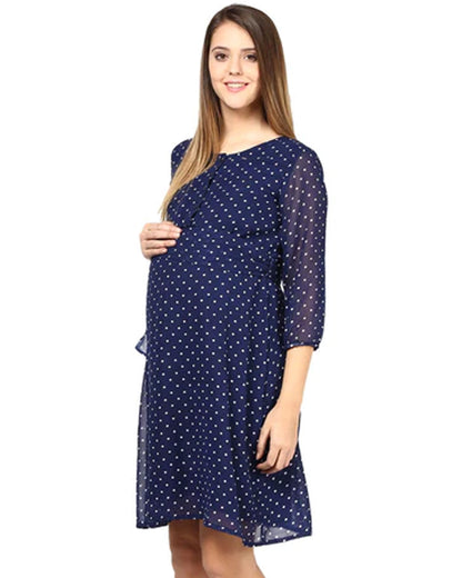 Mine4Nine Navy Blue Maternity Nursing Dress-Polka Dots Print-Rayon-Round Neck-Bump Friendly