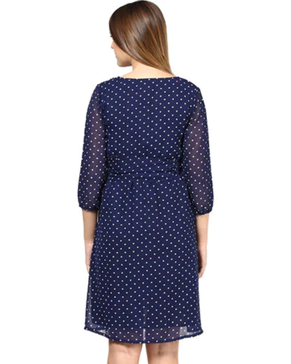 Mine4Nine Navy Blue Maternity Nursing Dress-Polka Dots Print-Rayon-Round Neck-Bump Friendly