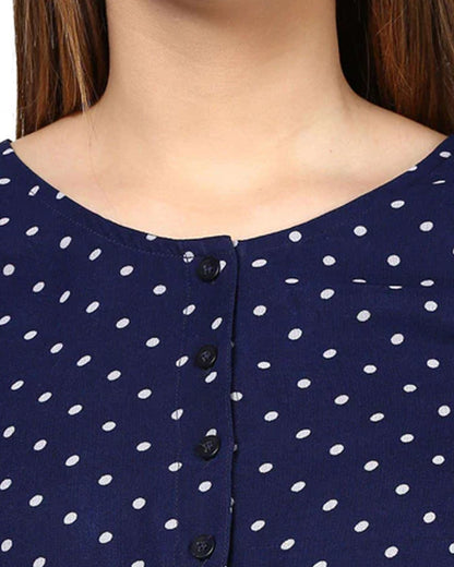 Mine4Nine Navy Blue Maternity Nursing Dress-Polka Dots Print-Rayon-Round Neck-Bump Friendly