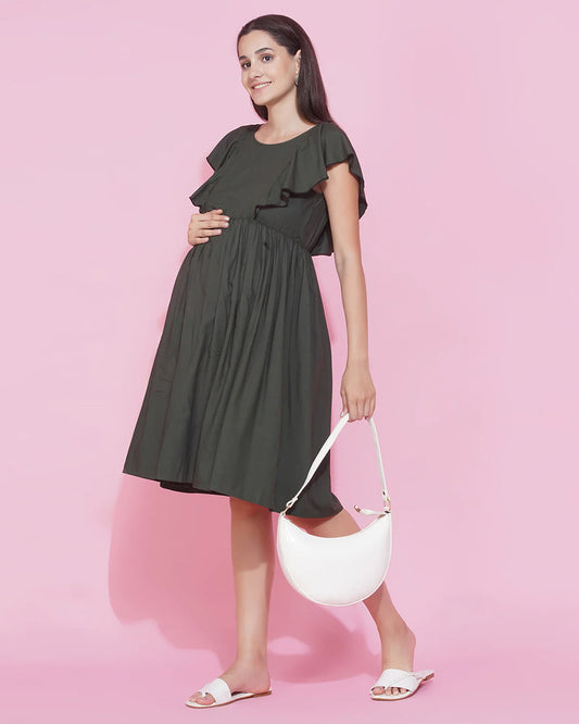 Mine4Nine Olive Maternity Nursing Dress-Solid Color-Rayon-Round Neck-Half Sleeves-Bump Friendly