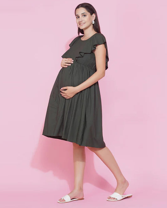 Mine4Nine Olive Maternity Nursing Dress-Solid Color-Rayon-Round Neck-Half Sleeves-Bump Friendly