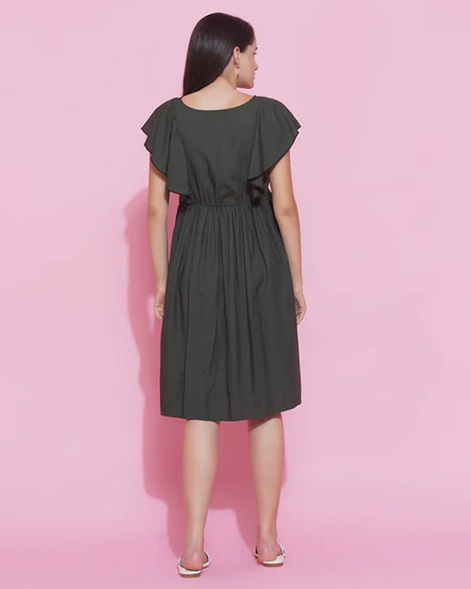 Mine4Nine Olive Maternity Nursing Dress-Solid Color-Rayon-Round Neck-Half Sleeves-Bump Friendly