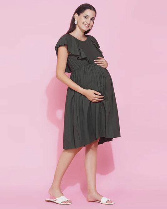 Mine4Nine Olive Maternity Nursing Dress-Solid Color-Rayon-Round Neck-Half Sleeves-Bump Friendly