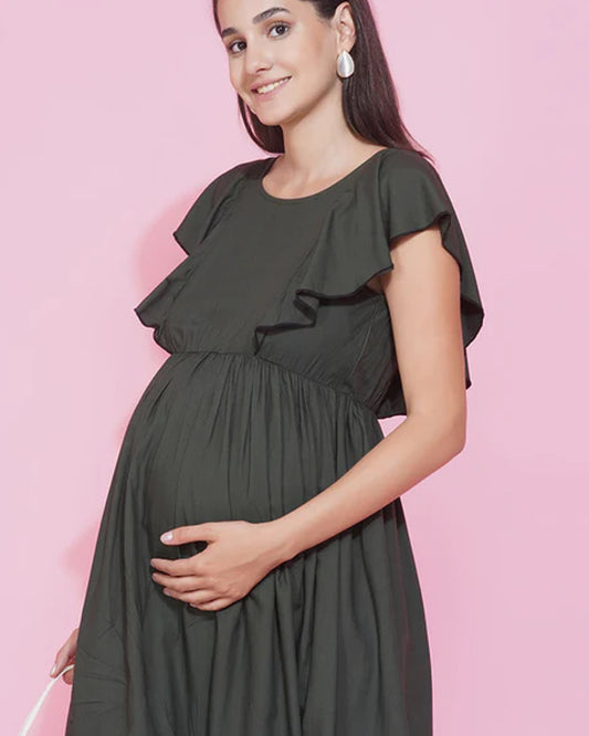 Mine4Nine Olive Maternity Nursing Dress-Solid Color-Rayon-Round Neck-Half Sleeves-Bump Friendly