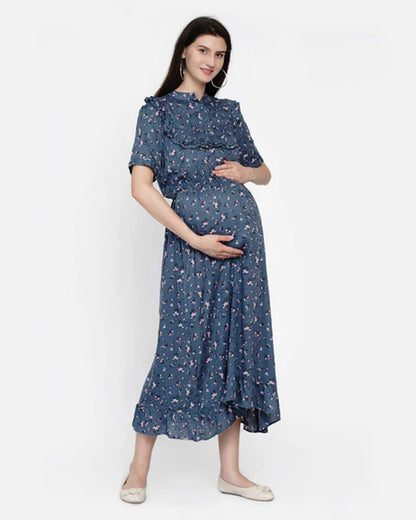 Mine4Nine Blue Maternity Nursing Dress-Floral Print-Chiffon-Collar Neck-Bump Friendly