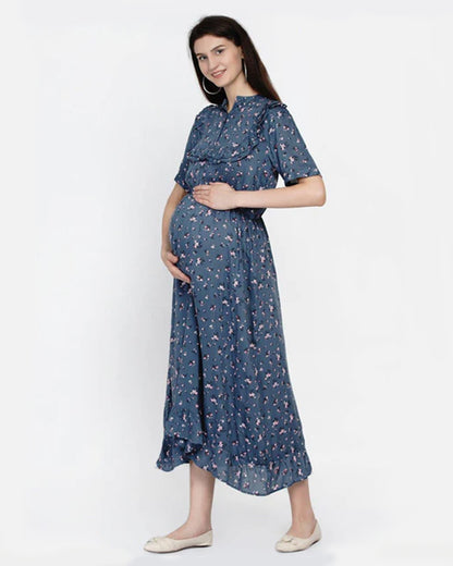 Mine4Nine Blue Maternity Nursing Dress-Floral Print-Chiffon-Collar Neck-Bump Friendly