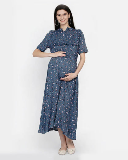 Mine4Nine Blue Maternity Nursing Dress-Floral Print-Chiffon-Collar Neck-Bump Friendly