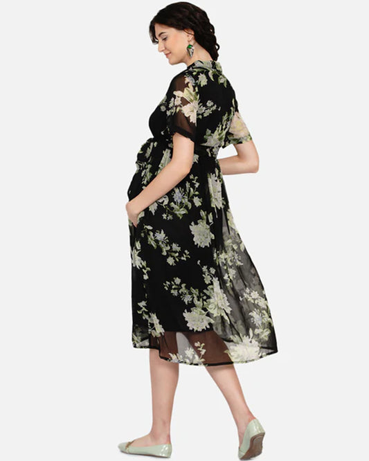 Mine4Nine Black Maternity Nursing Dress-Floral Print-Chiffon-Collar Neck-Bump Friendly