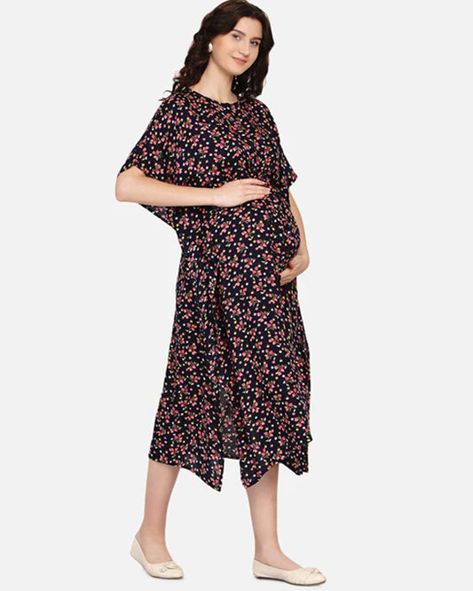 Mine4Nine Navy Blue Maternity Nursing Kaftan Dress-Floral Print-Rayon-Round Neck-Bump Friendly