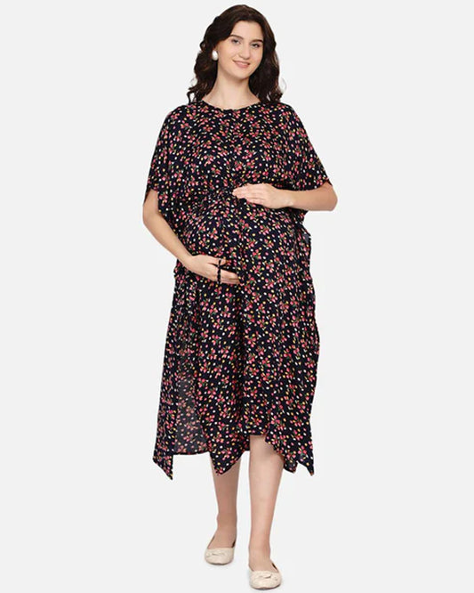 Mine4Nine Navy Blue Maternity Nursing Kaftan Dress-Floral Print-Rayon-Round Neck-Bump Friendly
