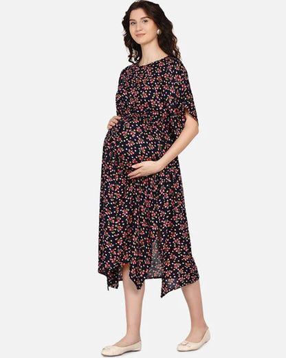 Mine4Nine Navy Blue Maternity Nursing Kaftan Dress-Floral Print-Rayon-Round Neck-Bump Friendly