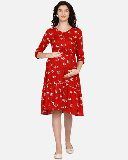 Mine4Nine Red Maternity Nursing Dress-Floral Print-Chiffon-V Neck-Bump Friendly